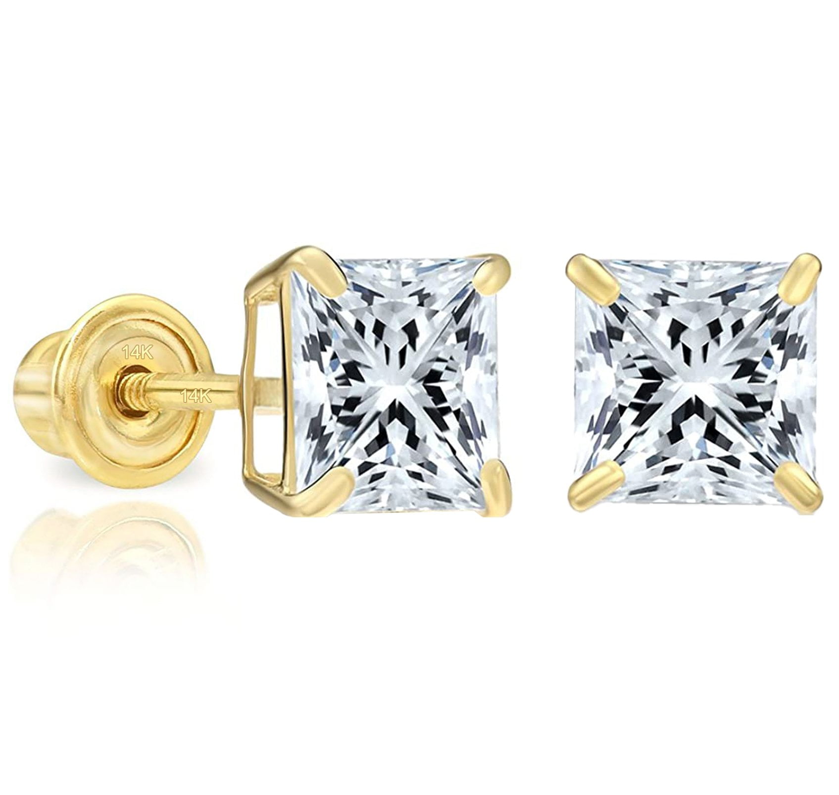 14k Yellow Gold Cubic Zirconia Princess Cut Stud Earrings with Screw Backs