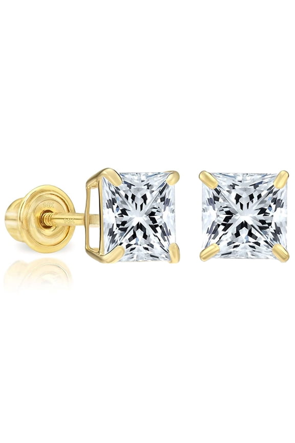 14k Yellow Gold Cubic Zirconia Princess Cut Stud Earrings with Screw Backs