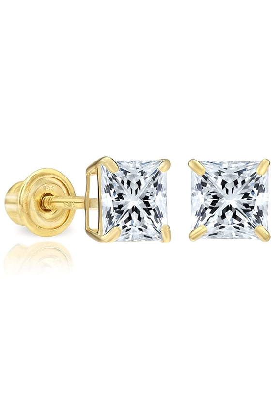 14k Yellow Gold Cubic Zirconia Princess Cut Stud Earrings with Screw Backs