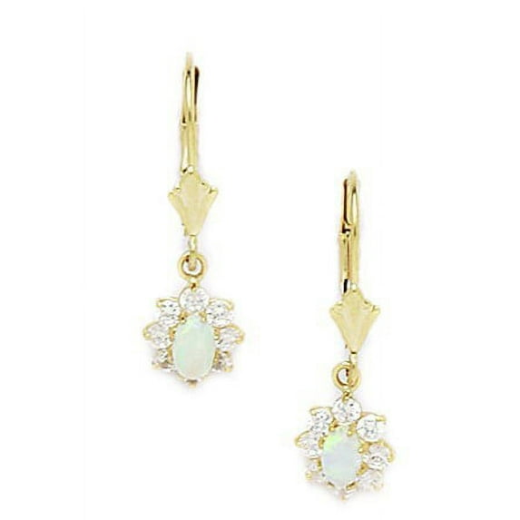 14k Yellow Gold Cubic Zirconia Simulated Opal Flower Drop Leverback Earrings - Measures 25x8mm