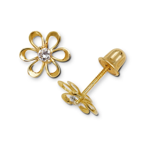 14k Yellow Gold Cubic Zirconia Small Flower Screw-Back Earrings - Measures 7x8mm