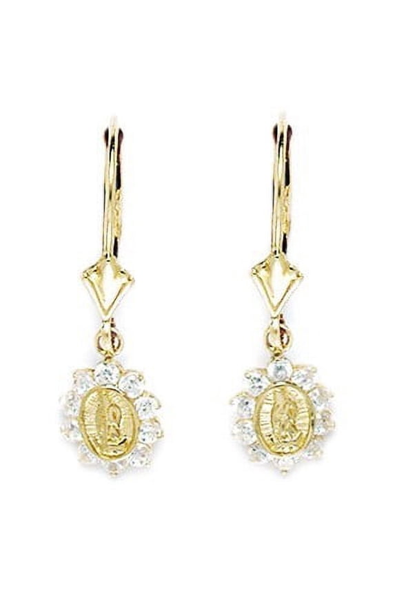 14k Yellow Gold Cubic Zirconia Small Virgin Mary Drop Leverback Earrings - Measures 26x8mm