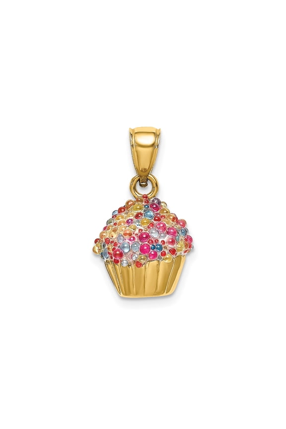 14k Yellow Gold Cupcake Pendant Charm with Enamel Sprinkles, Dessert Necklace or Bracelet Accessory for Women or Teens, Whimsical Fun Style Symbolizing Celebration and Sweetness