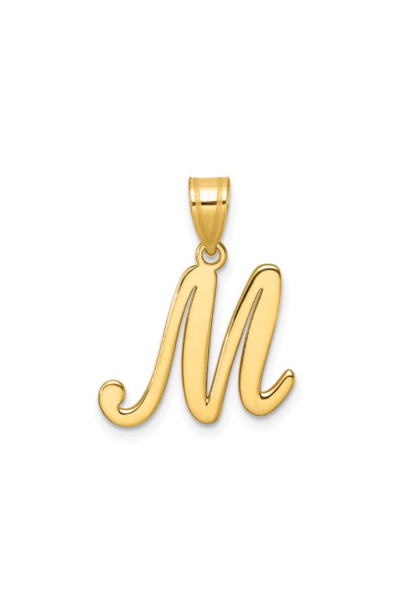 14k Yellow Gold Cursive Letter M Pendant for Women, Polished Script Initial Charm, Elegant Monogram Necklace Jewelry