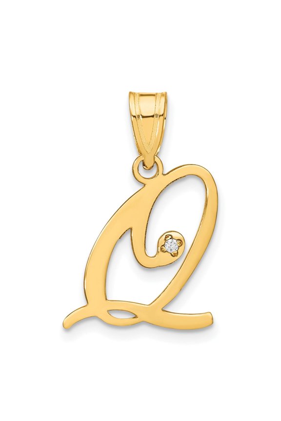 14k Yellow Gold Cursive Q Pendant with Diamond Accent, Script Initial Necklace for Women, Dainty Monogram Charm, Alphabet Identity Jewelry, 18 Inch Chain