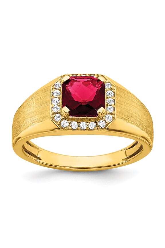14k Yellow Gold Cushion Created Ruby and Diamond Mens Ring