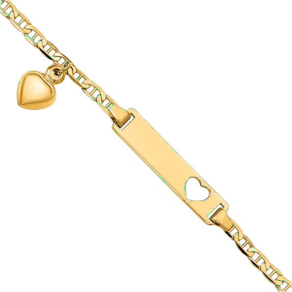 14K Solid Yellow Gold Heart Dangling Anchor Mariner Link Name Bar Identification ID Bracelet
