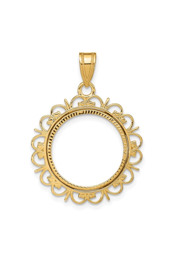 14k Yellow Gold D/C Fancy Frame Prong Setting Coin Bezel Pendant Mounting - Fits 16.5mm