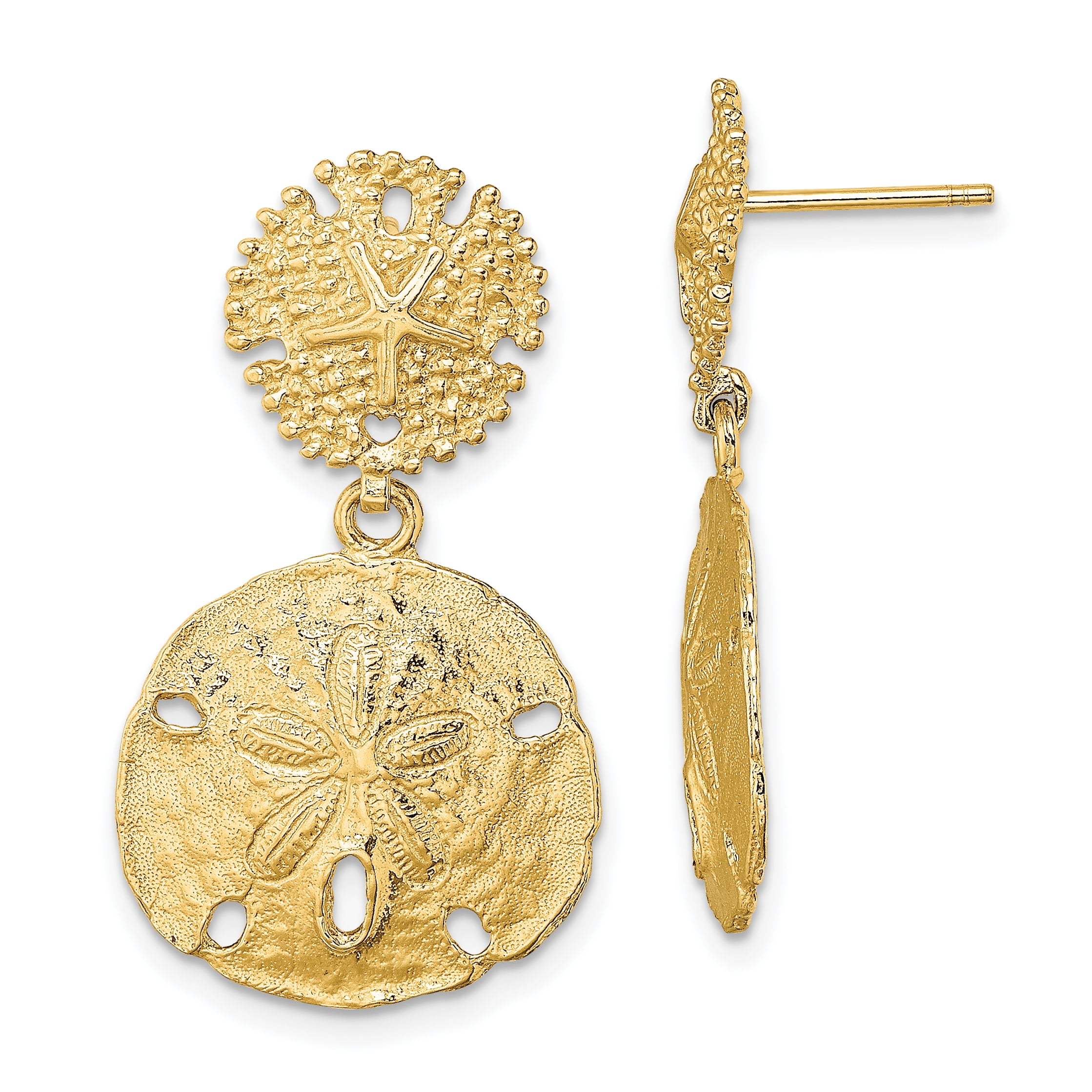 14k Yellow Gold DOUBLE SAND DOLLAR DANGLE EARRINGS TEXT HP