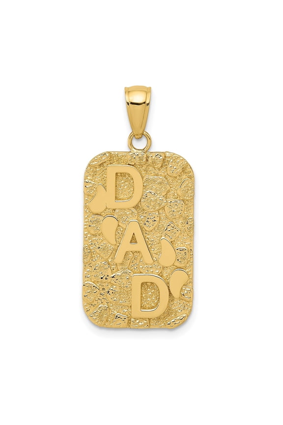 14k Yellow Gold Dad Pendant for Men with Heart Accents, Textured Background, Bold Letters, Masculine Nugget Style Necklace Charm Jewelry
