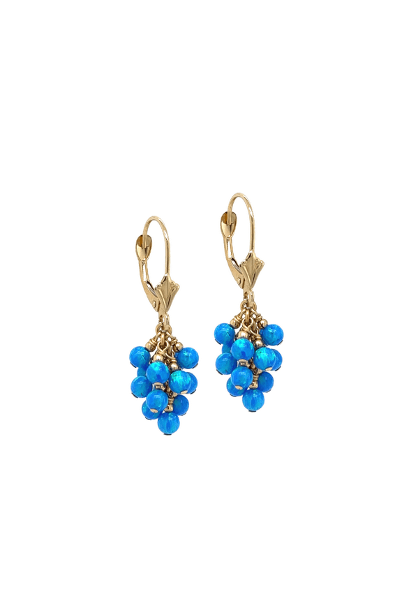 14k Yellow Gold Dangle Dark Blue Opal Grape Leverback Earrings