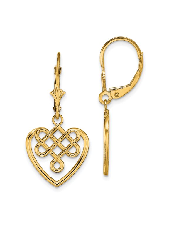 14k Yellow Gold Dangle Earrings for Women with Celtic Knot Open Heart Design, Leverback Drop Style Symbolizing Eternal Love, Unity, Interconnected Spiritual Jewelry