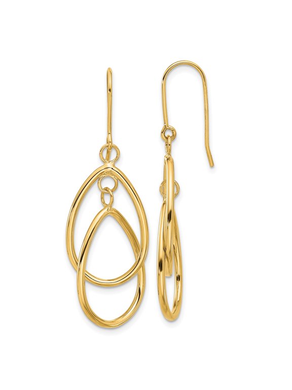 14k Yellow Gold Dangle Earrings for Women, Interlocking Open Oval Hoops with Polished Finish, Lightweight Contemporary Fashion Jewelry, Modern Drop Style