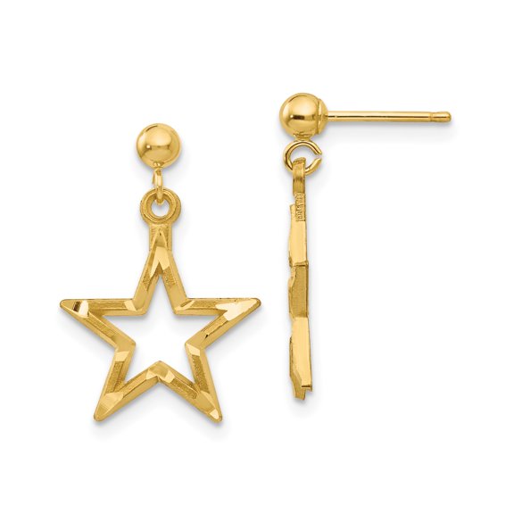 14k Yellow Gold Open Star Drop Dangle Earrings, Diamond-Cut Polished, for Women