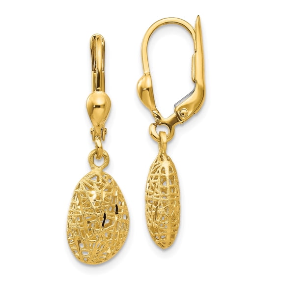 14k Yellow Gold Dangle Earrings for Women with Textured Filigree Oval Design, Leverback Closure, Lightweight Drop Style for Daily Wear or Formal Events, Modern Classic Fine Jewelry Accessory