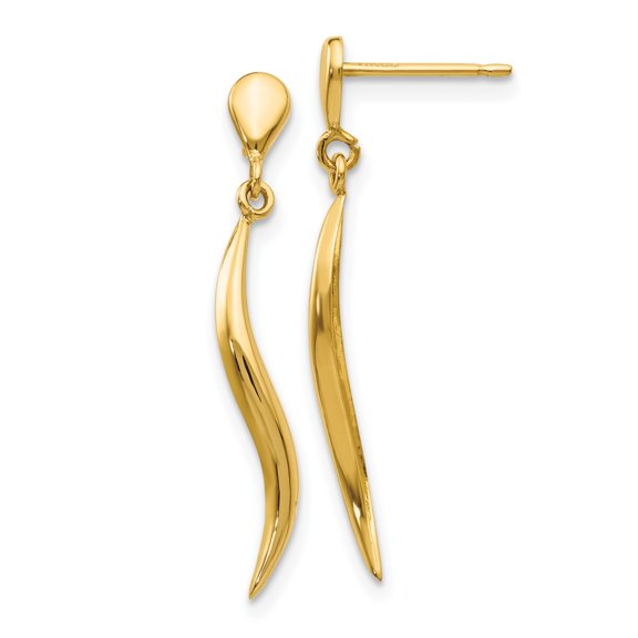 14k Yellow Gold Dangle Earrings for Women with Polished Wave Drop Design, Modern Curved Style, Lightweight Fine Jewelry for Elegant Fashion Looks