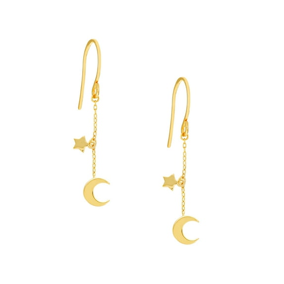 14k Yellow Gold Dangle Half Celestial Moon and Stars French Wire Earrings Dangle Earring for Women