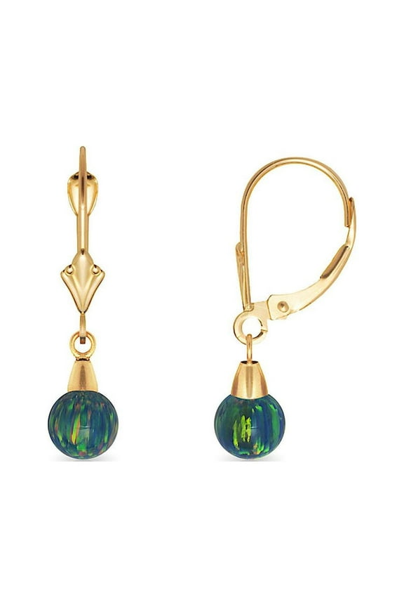 14k Yellow Gold Dark Blue 6x6mm Simulated Opal Ball Drop Leverback Earrings - Measures 26x6mm