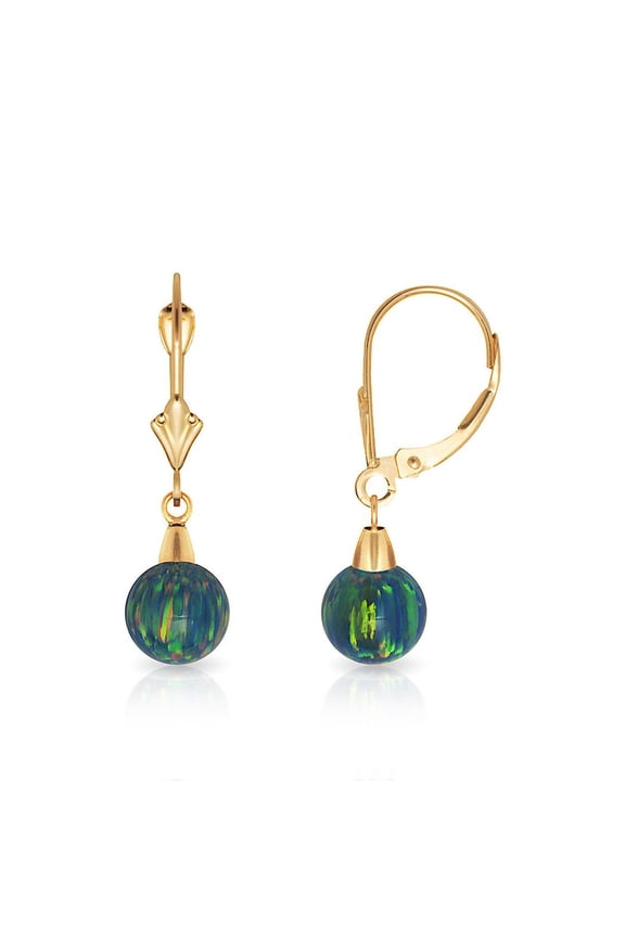 14k Yellow Gold Dark Blue 8x8mm Simulated Opal Ball Drop Leverback Earrings - Measures 27x8mm