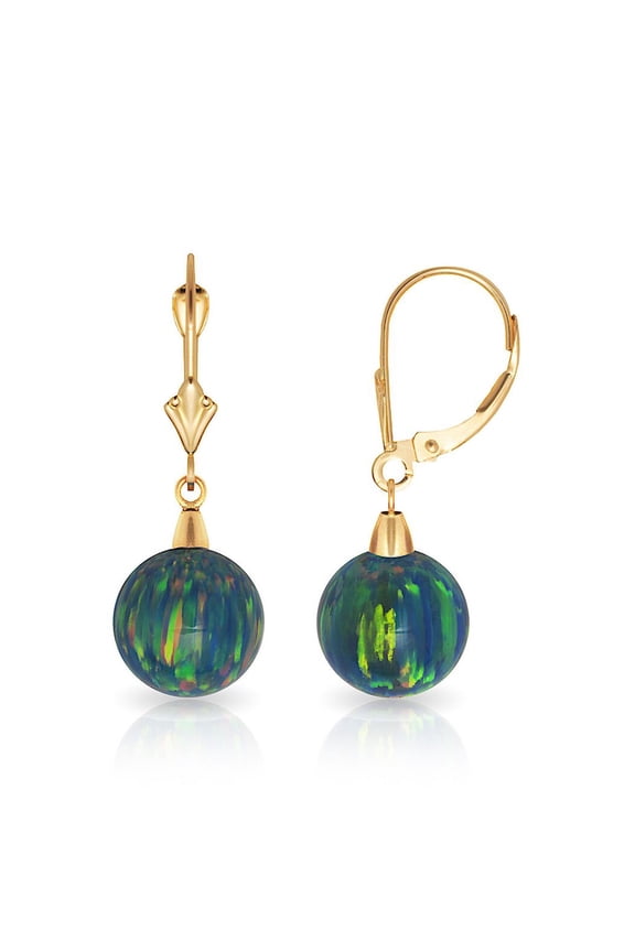 14k Yellow Gold Dark Blue 8x8mm Simulated Opal Ball Drop Leverback Earrings - Measures 28x8mm