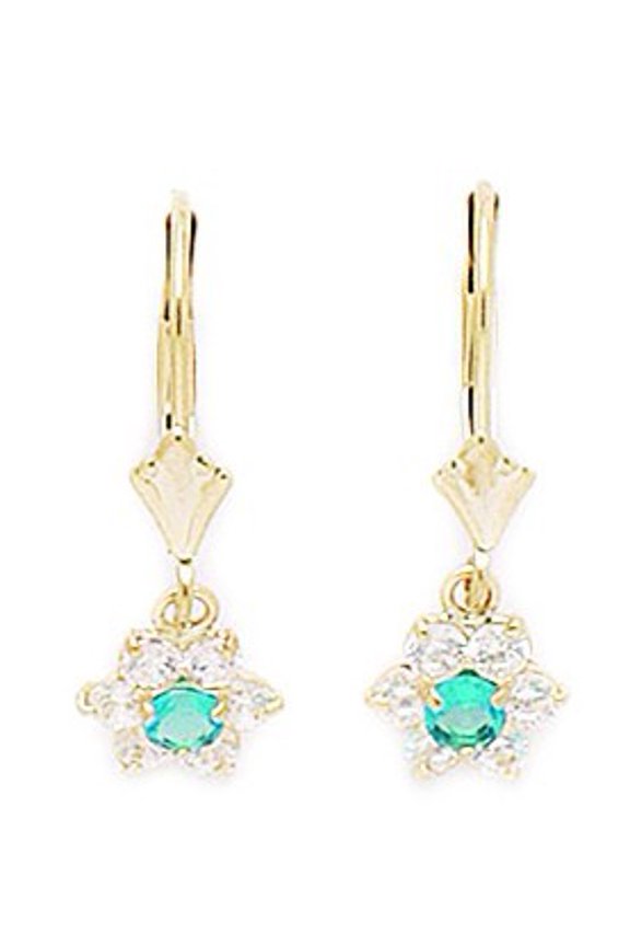 14k Yellow Gold December Blue CZ Flower Drop Leverback Earrings - Measures 23x8mm