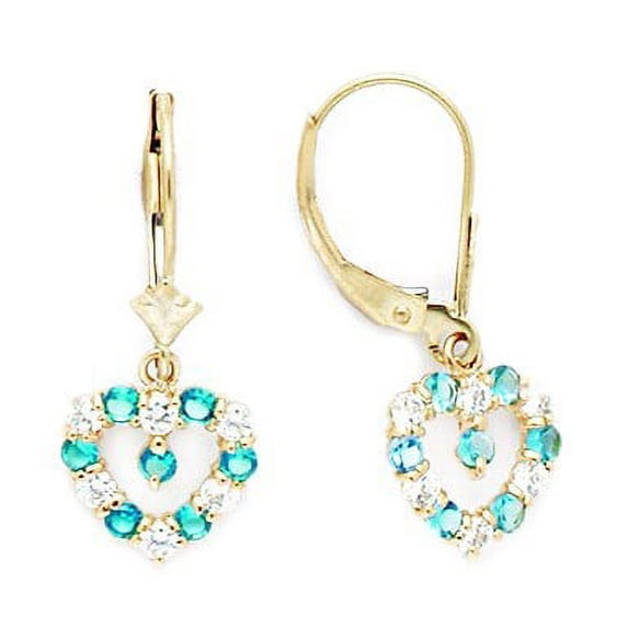 14k Yellow Gold December Blue CZ Heart Drop Leverback Earrings - Measures 25x11mm