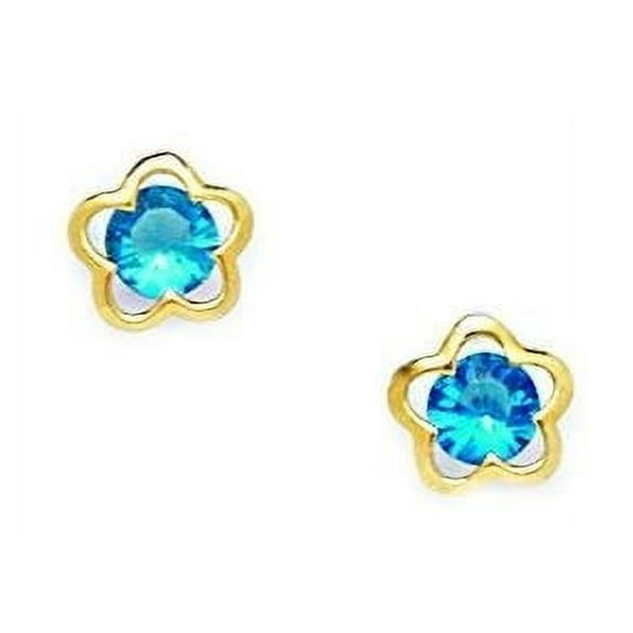 14k Yellow Gold December Blue CZ Medium Flower Screw-Back Earrings - Measures 7x7mm