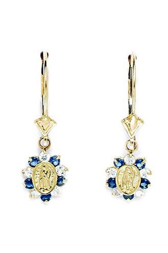 14k Yellow Gold Deep Blue Cubic Zirconia Small Virgin Mary Drop Leverback Earrings - Measures 26x8mm