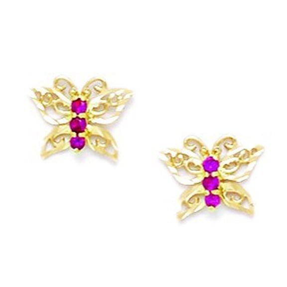 14k Yellow Gold Deep Red Cubic Zirconia Butterfly Screw-Back Earrings - Measures 8x10mm