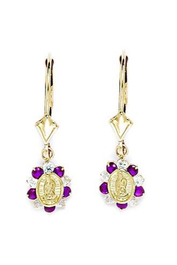 14k Yellow Gold Deep Red Cubic Zirconia Small Virgin Mary Drop Leverback Earrings - Measures 26x8mm