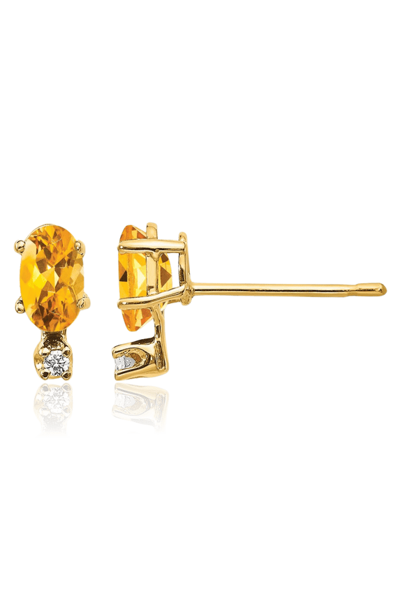 14K Solid Yellow Gold Diamond Orange Citrine Stud Earrings April November Birthstone Jewelry