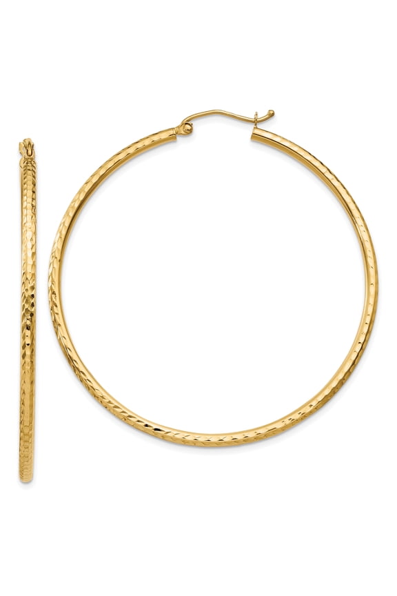 14k Yellow Gold Diamond-Cut 2mm Thick Large Round Tube Hoop Earrings