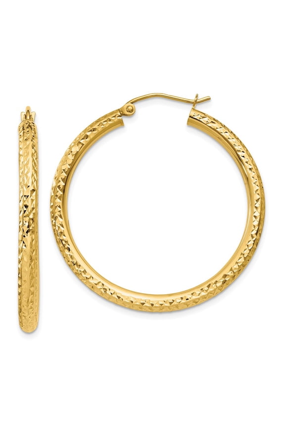 14k Yellow Gold Diamond Cut 3mm Round Shape Hoop Earrings Fine Jewelry For Women Gifts For Her