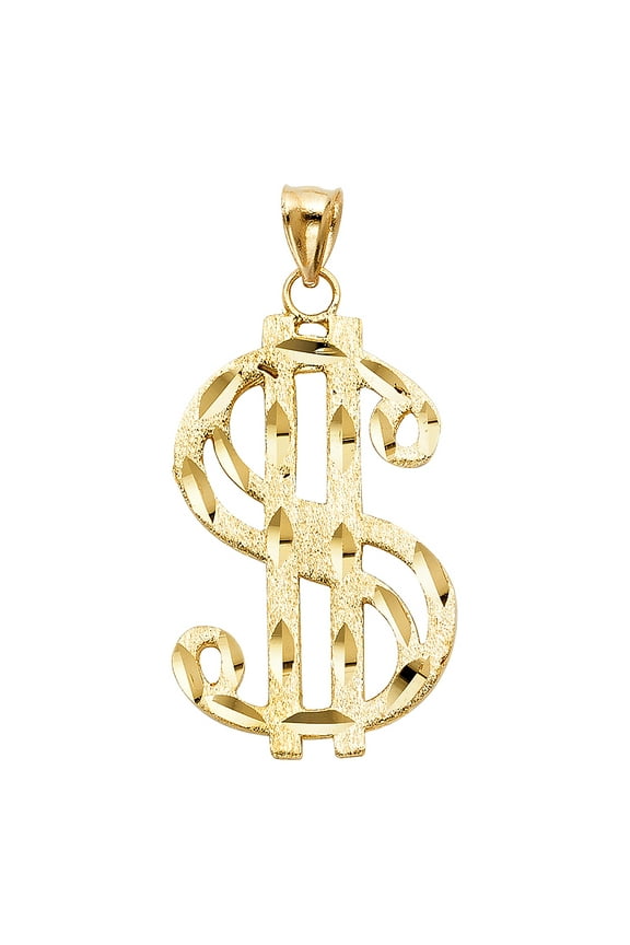 14k Yellow Gold Diamond-Cut Dollar Sign $ Pendant Money Symbol Bling Rich Charm Jewelry Female