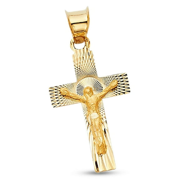 14k Yellow Gold Diamond Cut Jesus Crucifix Stamp Charm Genuine Religious Christ Cross Pendant Solid Style 20 mm x 13 mm