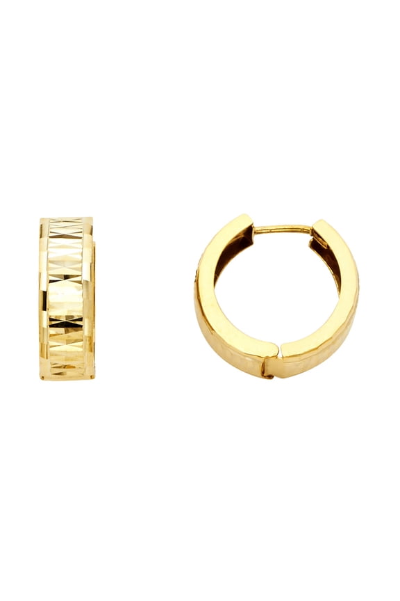 14k Yellow Gold Diamond-Cut Stamp Huggies Earrings , (15mm X 15mm)
