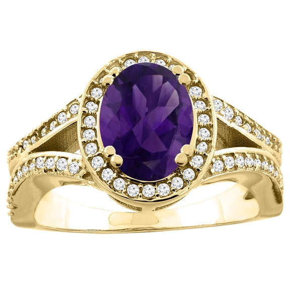 14k Yellow Gold Diamond Halo Genuine Amethyst Ring Split Shank Oval 8x6mm, size 9