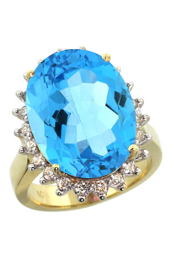 14k Yellow Gold Diamond Halo Natural Blue Topaz Ring Large Oval 18x13mm, size 10
