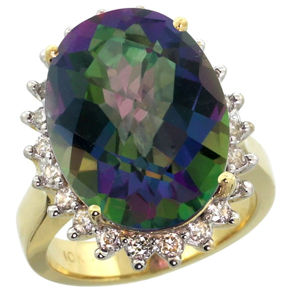 14k Yellow Gold Diamond Halo Natural Mystic Topaz Ring Large Oval 18x13mm, size 5.5