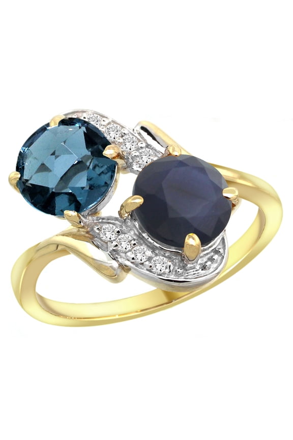 14k Yellow Gold Diamond Natural London Blue Topaz & Quality Blue Sapphire 2-stone Ring Round 7mm, size6.5