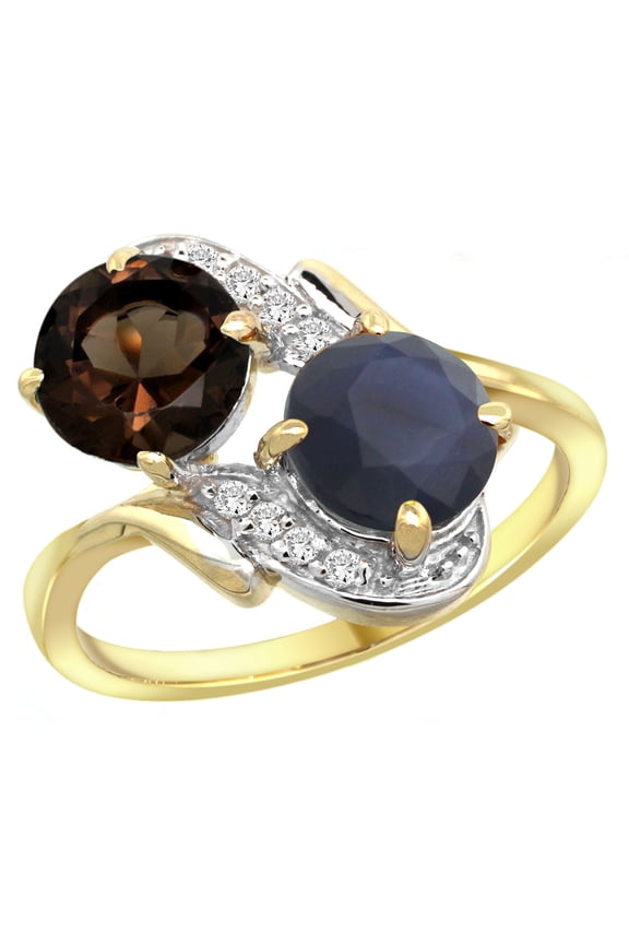 14k Yellow Gold Diamond Natural Smoky Topaz & Quality Blue Sapphire 2-stone Mothers Ring Round 7mm,sz7.5