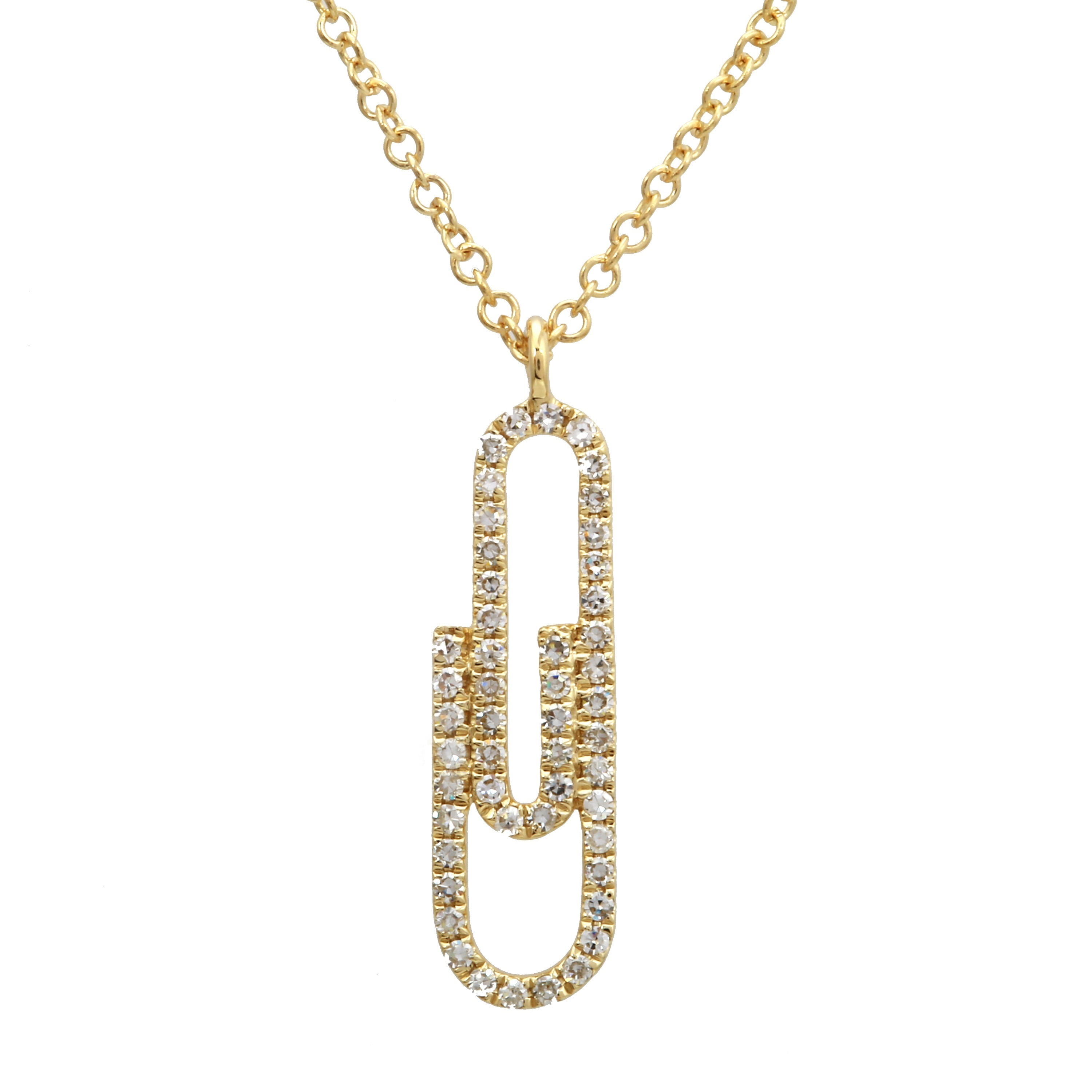 14k Yellow Gold Diamond Paper Clip Pendant Necklace