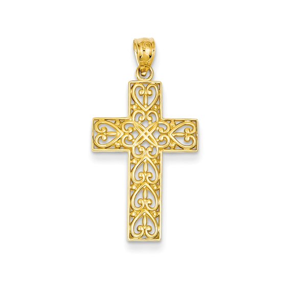 14k Yellow Gold Diamond-cut Filigree Cross Pendant