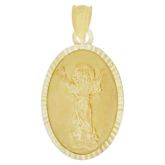 14k Yellow Gold, Divine Infant Child Jesus Christ Religious Pendant Charm Oval 15mm with 16" Dainty Neck Chain
