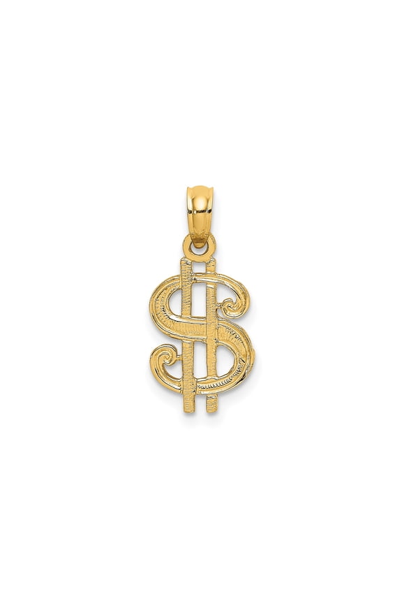 14k Yellow Gold Dollar Sign Pendant Charm, Textured Money Symbol Hip Hop Jewelry