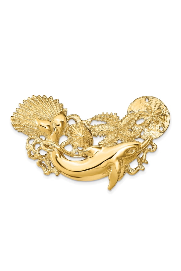 14k Yellow Gold Dolphin Seashell Starfish Sand Dollar Pendant Charm Slide, Ocean Jewelry