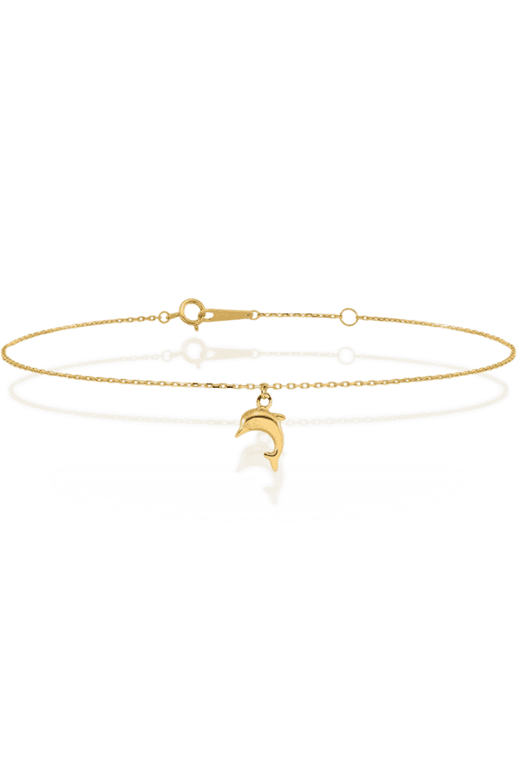 14K Solid Yellow Gold Sea Dolphin Ocean Fish Beach Nautical Charm Anklet Summer Foot Ankle Bracelet