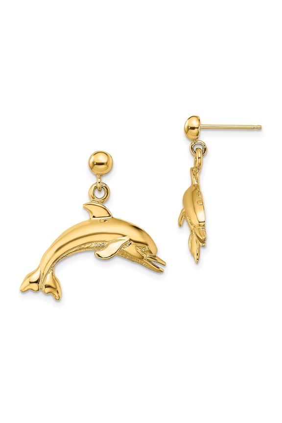 14k Yellow Gold Dolphin Dangle Earrings for Women, Polished Leaping Design, Nautical Marine Life Jewelry, Ocean Fashion Symbolizing Freedom and Harmony