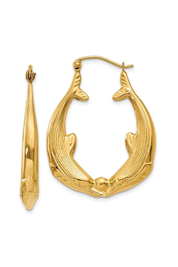 14k Yellow Gold Dolphin Hoop Earrings for Women, Oval Marine Animal Design, Nautical Style Ocean Jewelry with Hinged Hoops, Symbolic Sea-Inspired Accessory