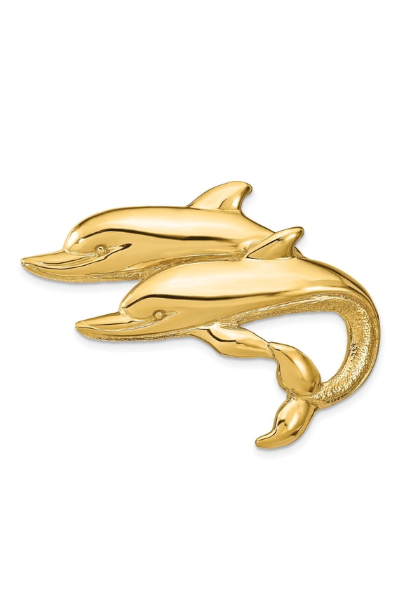 14k Yellow Gold Dolphin Pendant with Double Leaping Design, Ocean Animal Necklace for Women or Unisex Wear, Nautical Marine Jewelry Symbolizing Harmony and Playfulness